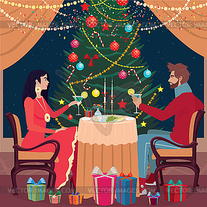 Girl and guy toast glasses in Christmas Eve - vector image