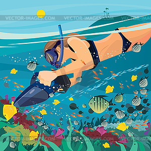 Girl exploring underwater world - vector clip art