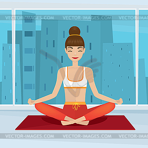 Girl sitting in yoga pose siddhasana near - vector image