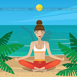 Girl sitting in yoga pose padmasana on beach - vector clipart