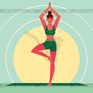 Girl standing in Yoga Tree Pose or Vrikshasana - vector clip art