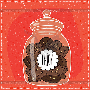 Glass jar with pile of chocolate cookies inside - vector clipart