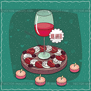 Glass of red wine and salad Caprese - vector clipart