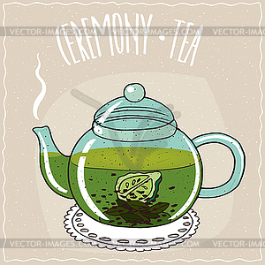 Glass teapot with tea with bergamot - vector image