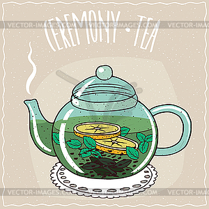 Glass teapot with tea with mint - vector clipart