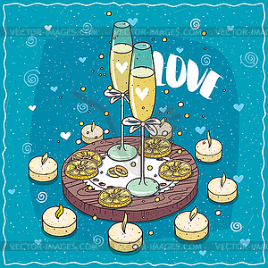 Glasses of champagne and rings on lace napkin - vector image