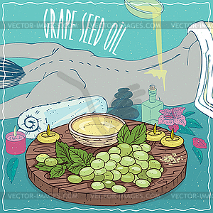 Grape seed oil used for body massage - vector image