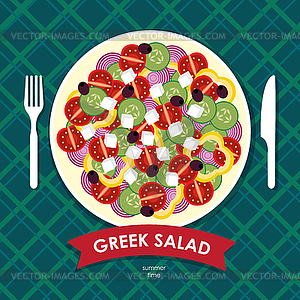 Table appointments with Greek salad - vector image