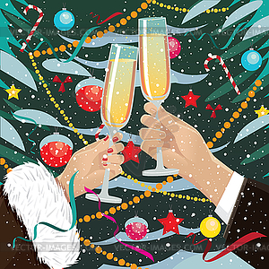 Couple clink glasses near Christmas tree outdoors - stock vector clipart