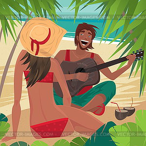 Guy playing guitar for girl on beach - vector clipart