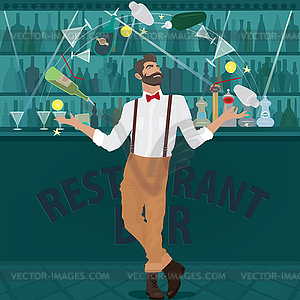 Hipster bartender deftly juggles bottles - vector image
