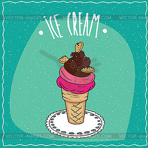 Ice cream with cookies is on lacy napkin - vector image