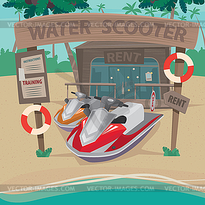 House on beach with water scooters - vector image