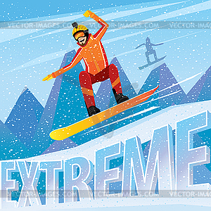 Man jumping of mountain on snowboard - vector image