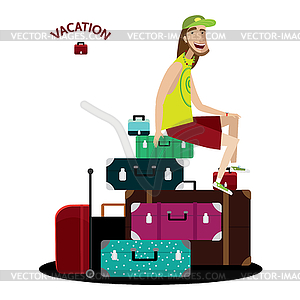Турист, сидящий на багаже - клипарт в векторе