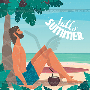 Man on vacation relaxing on beach - vector image