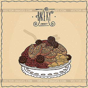 Many different cookies on lacy napkin - vector clipart