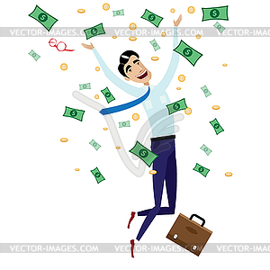 Happy businessman jumping with money - vector clipart