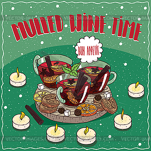 Mulled wine in mugs with sweets and cookies - vector clipart