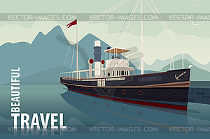 Old cruise boat at pier in clear day - vector image