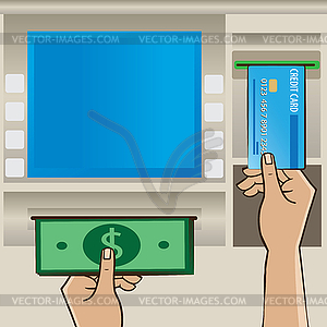 Man holding cash and credit card near ATM - vector clip art