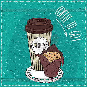 Бумажная чашка кофе с булочкой в коричневой бумаге - изображение в векторном формате