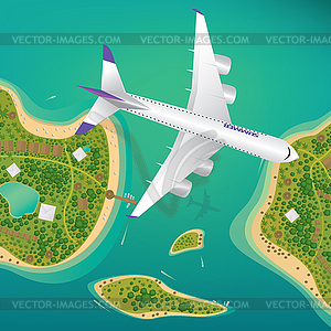 Plane flies over few tropical islands - vector clipart