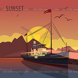 Retro cruise ship at pier at sunset - vector clip art