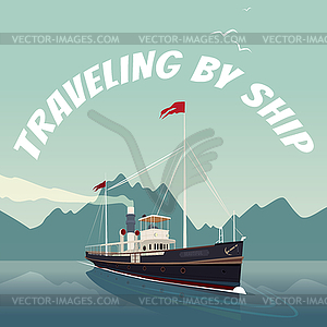 Retro cruise ship sails on sea on clear day - vector clipart