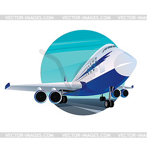 Round emblem with modern passenger plane - vector image