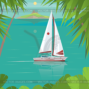 Sailing yacht on sunny day sailing past islands - vector image