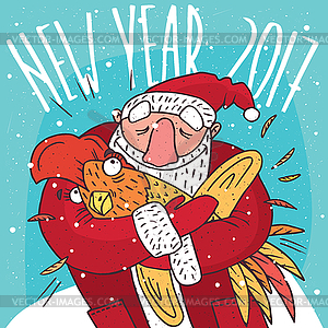 Santa Claus hugging frightened cock or rooster - vector clipart