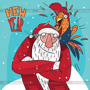 Santa Claus with rooster on his shoulder - vector image