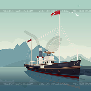 Scenic area with old ship at pier on clear day - vector clipart