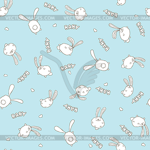 Seamless blue pattern with cute rabbits - vector clipart