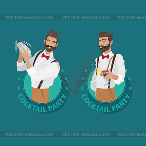 Set of emblems Cocktail Party with bartender - vector image