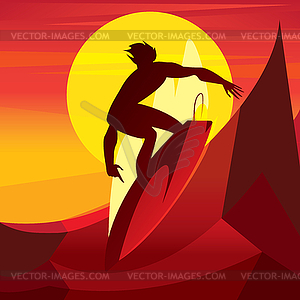 Silhouette of surfer at sunset - vector image