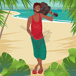 Smiling man holding guitar on beach - vector clipart