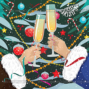 Women clink glasses near Christmas tree outdoors - vector image