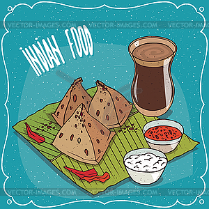 Indian snack Samosa with sauce and masala chai tea - vector image