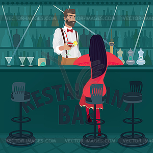 Одинокая девушка в красном сидит в пустой баре - векторный клипарт / векторное изображение