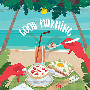 Человек ест континентальный завтрак в океане - изображение в векторном виде