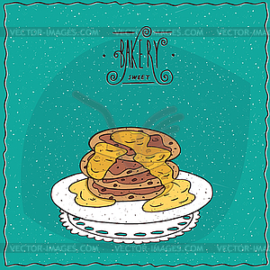 Pancakes with honey on lacy napkin - vector image