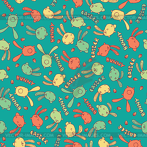 Pattern with cute bunny or rabbit in cyan color - vector clipart