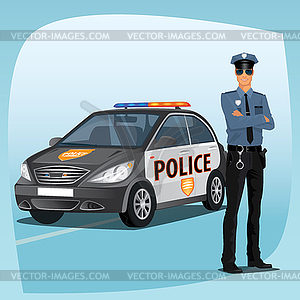 Police officer or policeman with patrol car - vector clipart