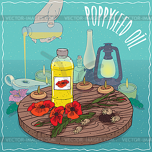 Poppyseed oil used as fuel for oil lamp - vector image