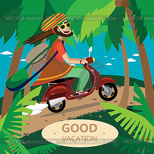 Rasta motorcyclist on retro scooter - vector clipart