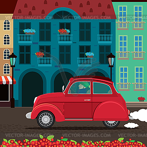 Retro car rides through old town - vector clip art