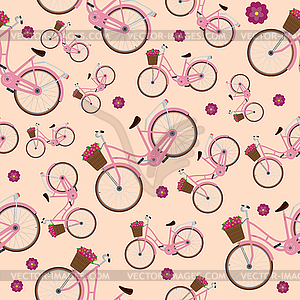 Бесшовный розовый узор с городскими велосипедами - векторное изображение EPS