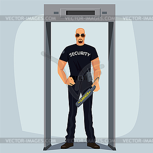 Security guard with metal detector - vector clipart